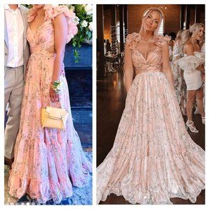 NWT MAC DUGGAL 67803 RUFFLE TIERED CHIFFON FLORAL CUT OUT FORMAL LONG DRESS PINK